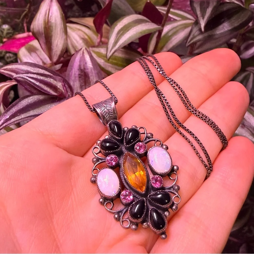 Vintage Feeny Sterling Silver Rainbow Opal Necklace Onyx Pink 925 - Picture 3 of 7